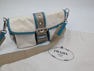 Authentic PRADA Tessuto Buckle Flap Y2K Shoulder Mini Bag Vintage Teal Accents *